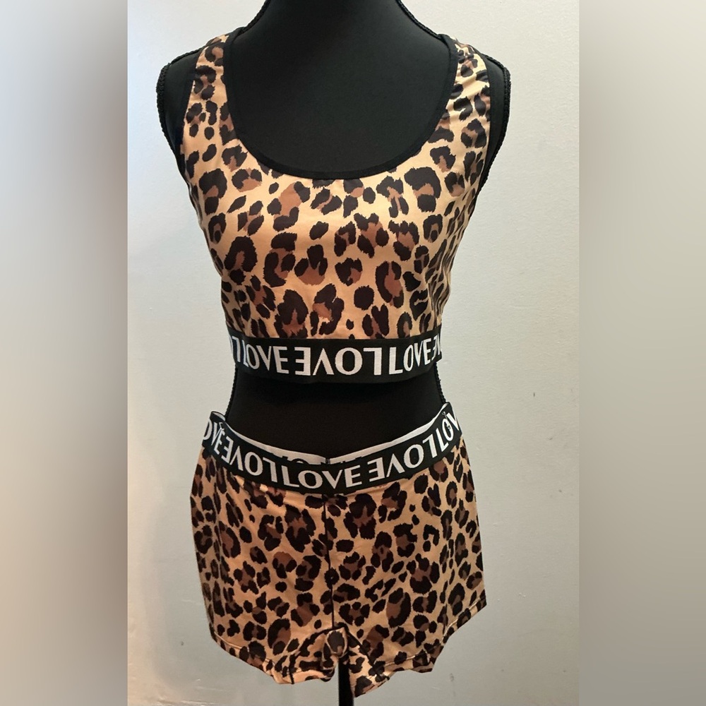 Leopard Print Crop Top and Shorts Set with LOVE Waistband